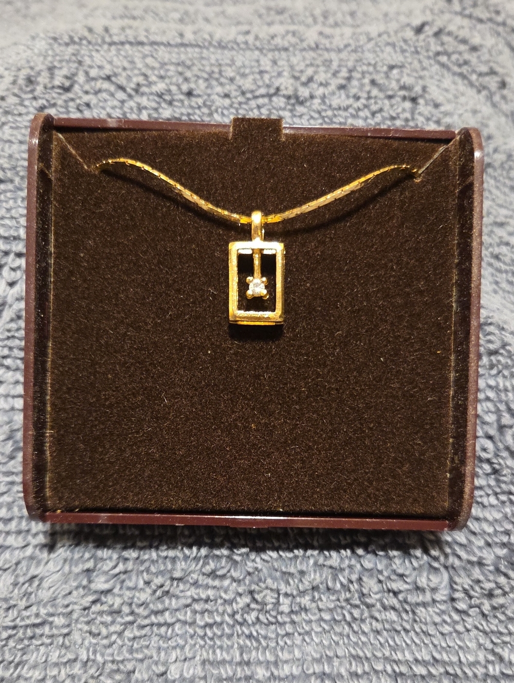 Gold Rectangular Pendant Necklace with Single Center Crystal Accent